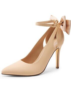 DREAM PAIRS Women's Nude Satin High Stiletto Heels Pointed Toe Bow Dress Party